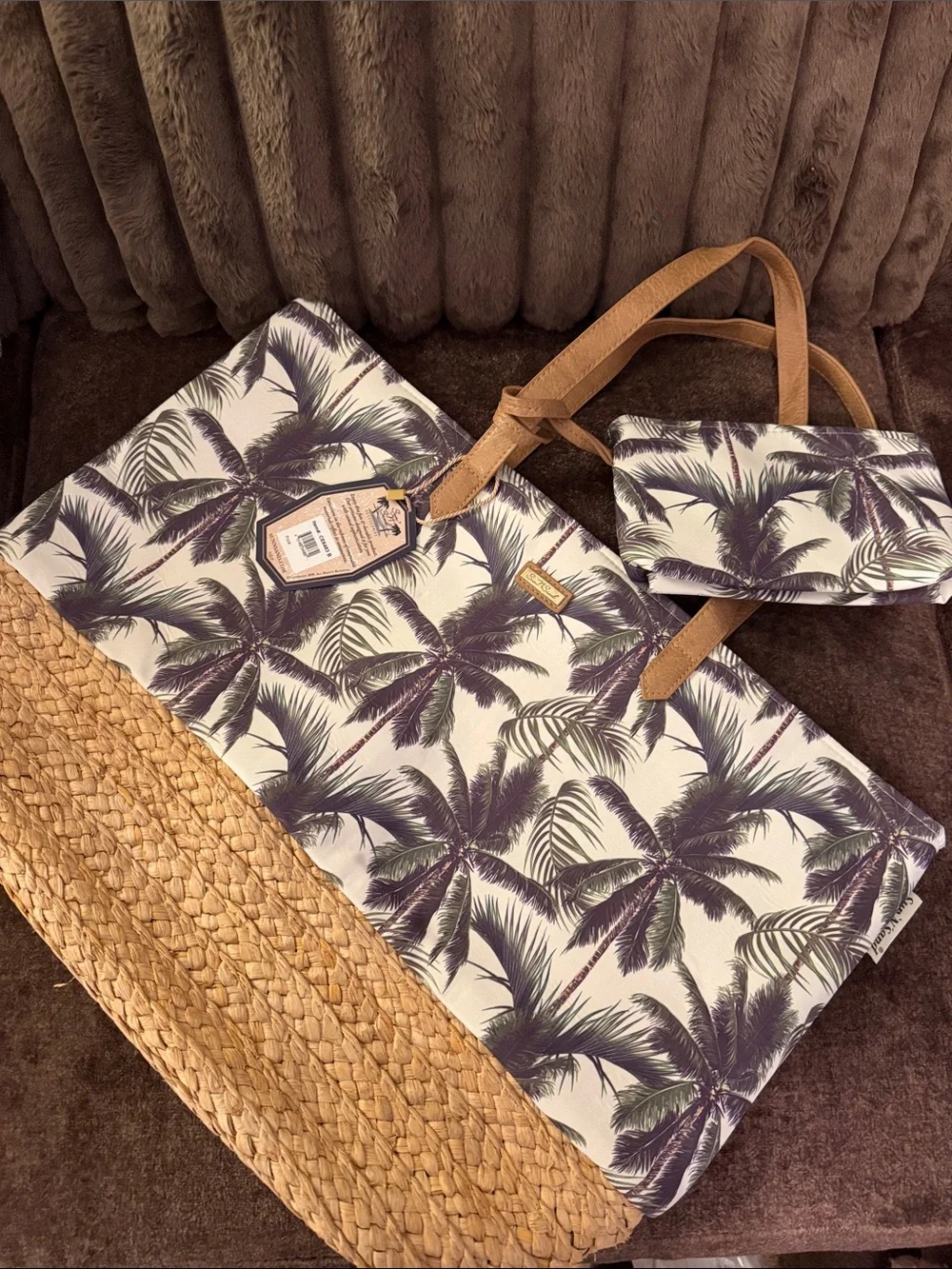Sun N Sand Palm-Print Straw Tote with Tan Handles